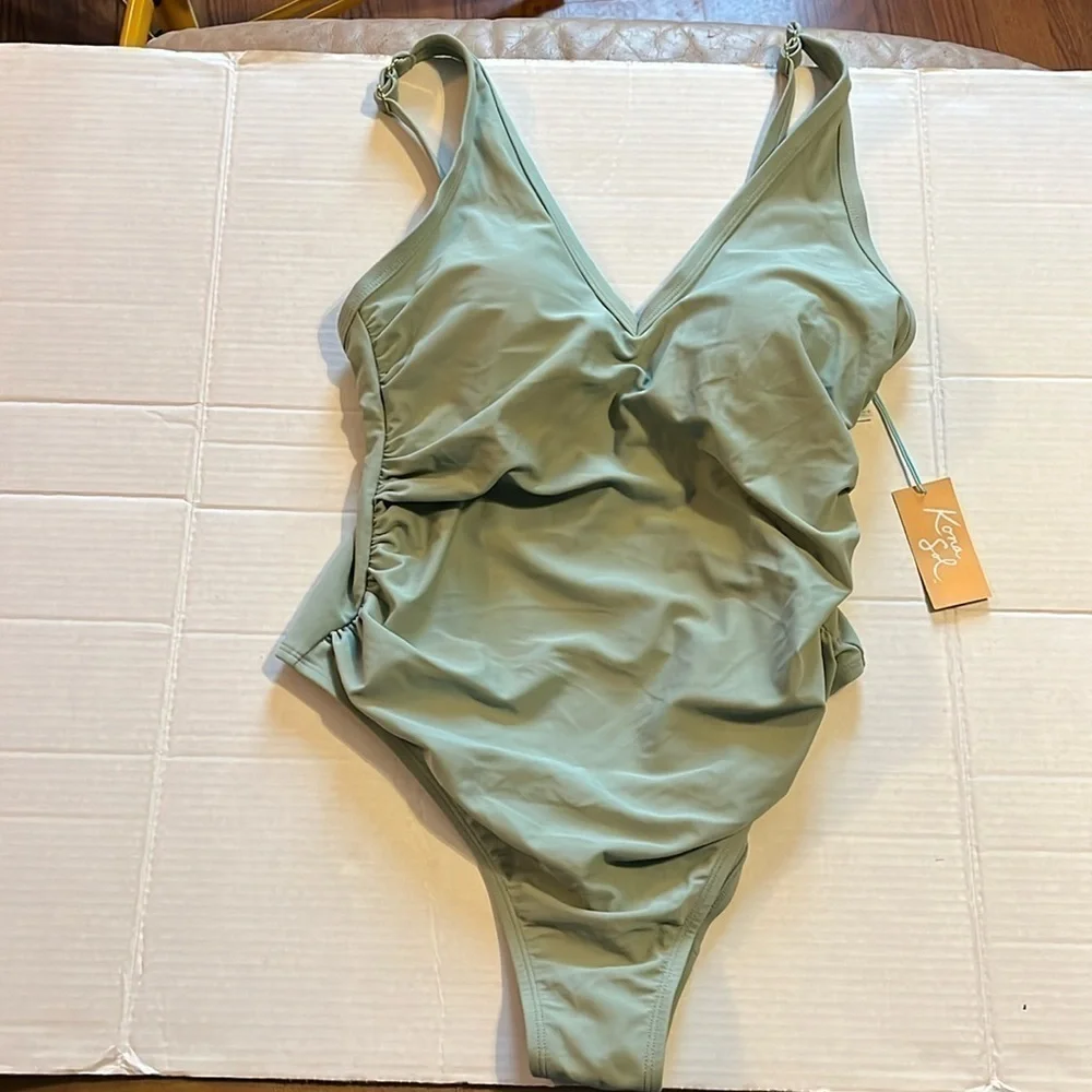 NWT-Kona Sol-16W--greenV-neck, cheeky, adjustable straps, one piece swimsuit. - Picture 5 of 12